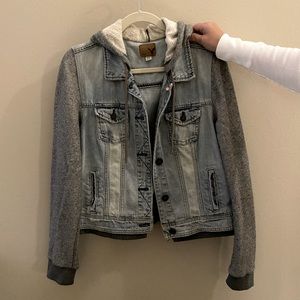 Jean jacket with sweatshirt arms and hoodie